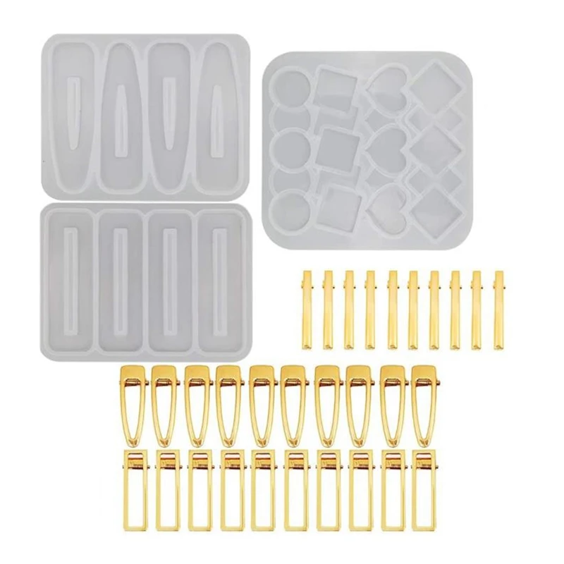 

3Pcs Silicone Resin Molds DIY Hair Pin Jewelry Casting Molds With 30Pcs Gold Hair Barrettes For Hair Pin Making(33Pcs)