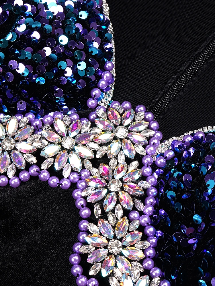 인어 긴 드레스 라인 석 스퀘어 칼라 긴 소매 핸드 크래프트 진주 다이아몬드 꽃 컬러 블록 파티 이브닝 ​​가운