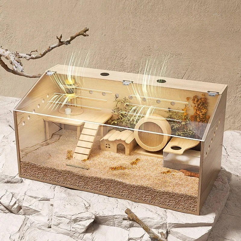 

Solid wood hamster feeding box, acrylic large villa, pet hedgehog wooden cage, wooden luxury golden bear cage