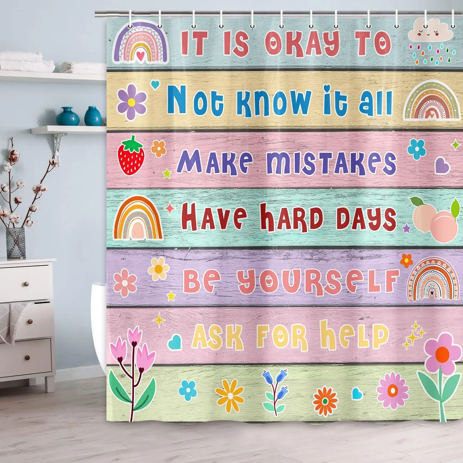 Kids Positive Quote Shower Curtain, Floral Rainbow Wood Plank Print Waterproof Bath Curtain With Hooks For Family Washroom