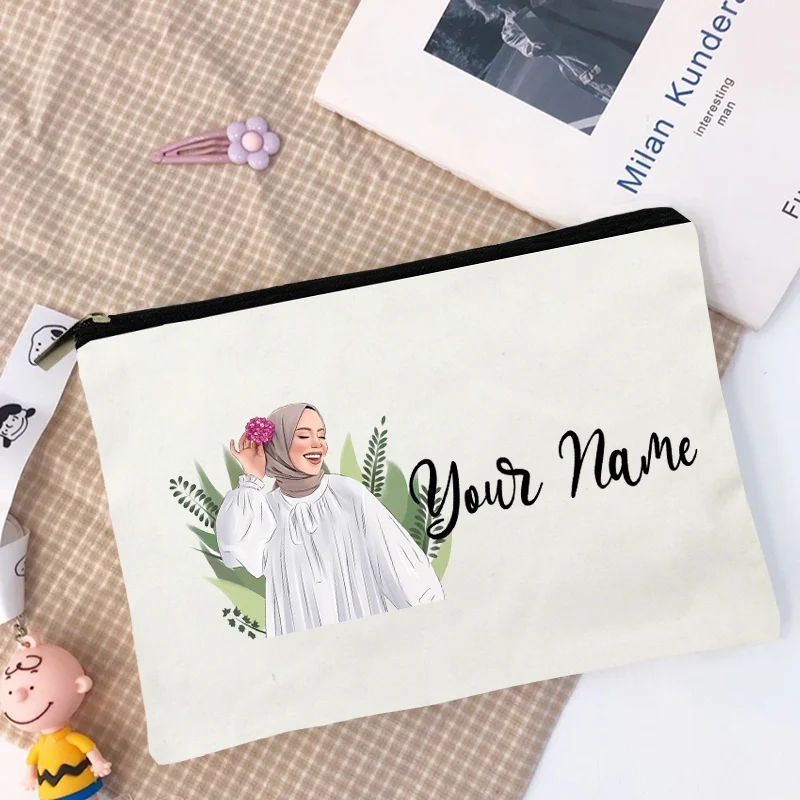 Personalised Hijabi Girl Makeup Bag Organised Pouch with Name Ramadan Gifts Customized Zipper Pouches Cosmetic Bags Eid Gifts