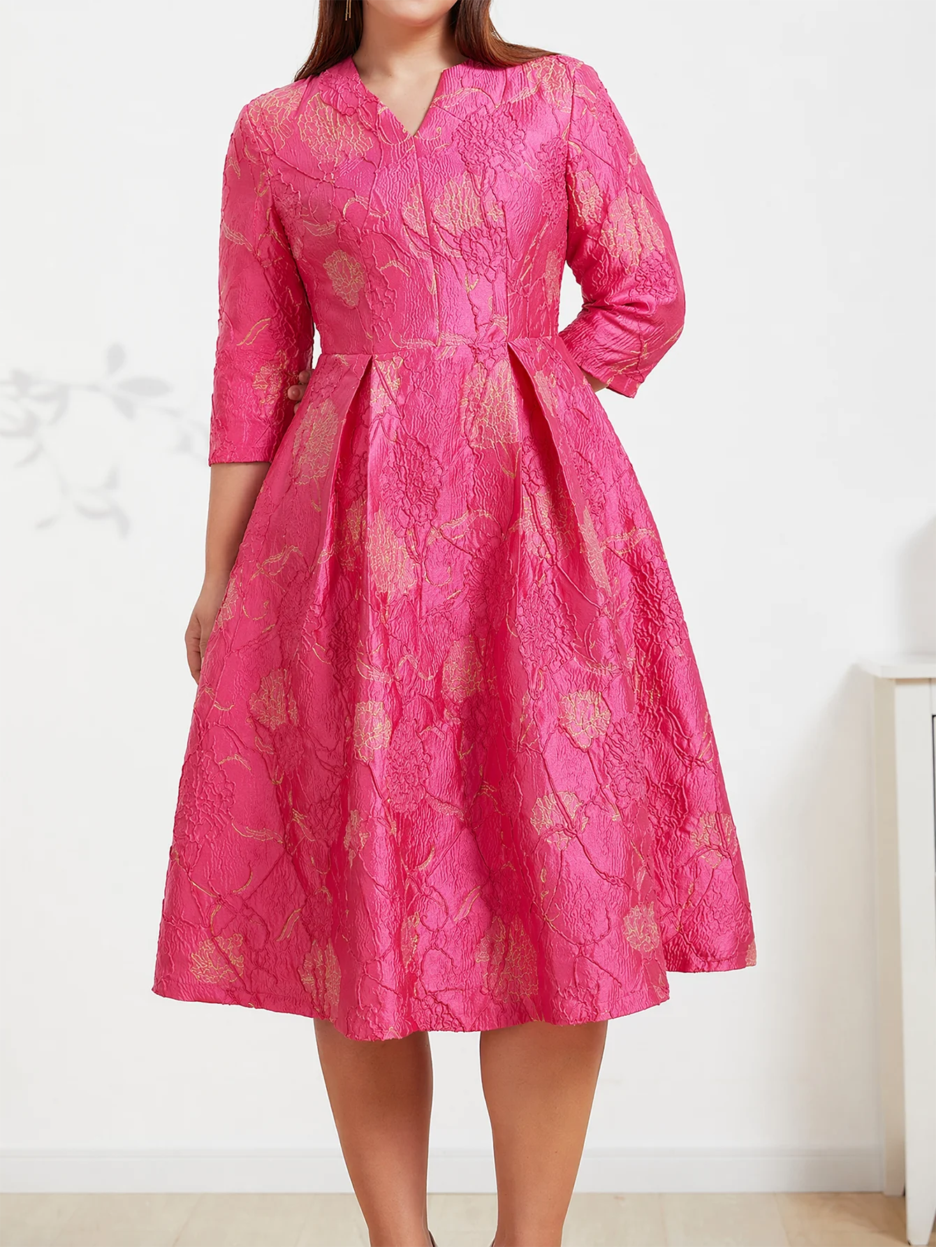 

DEVCHATA Plus Size Luxury Jacquard Women's V-Neck Cocktail Dress Elegant Party Dress