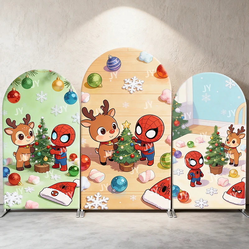 

Chibi Spiderman Decorate Christmas Tree Arch Backdrop Cover Cute Scene For Kids Birthday Baby Shower Photo Booth Background