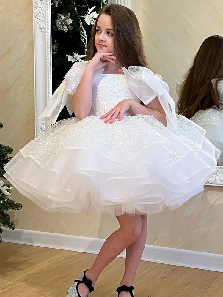 Robes de soirée moelleuses à gros nœud pour filles, tutu de princesse perlé à paillettes blanches, robe de demoiselle d'honneur en tulle à paillettes, 2024