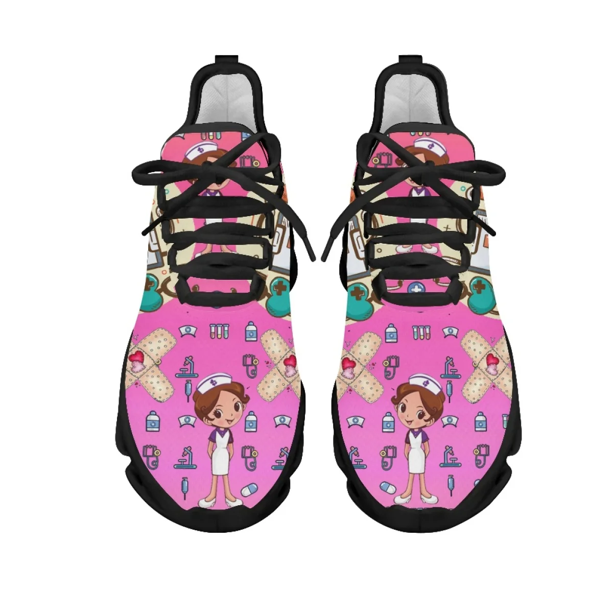 INSTANTARTS 2023 Women Sneakers Gradient Pink Nursing Shoe Cute Cartoon Nurse Doctor Medical Print Light Lace-up Platform Tennis