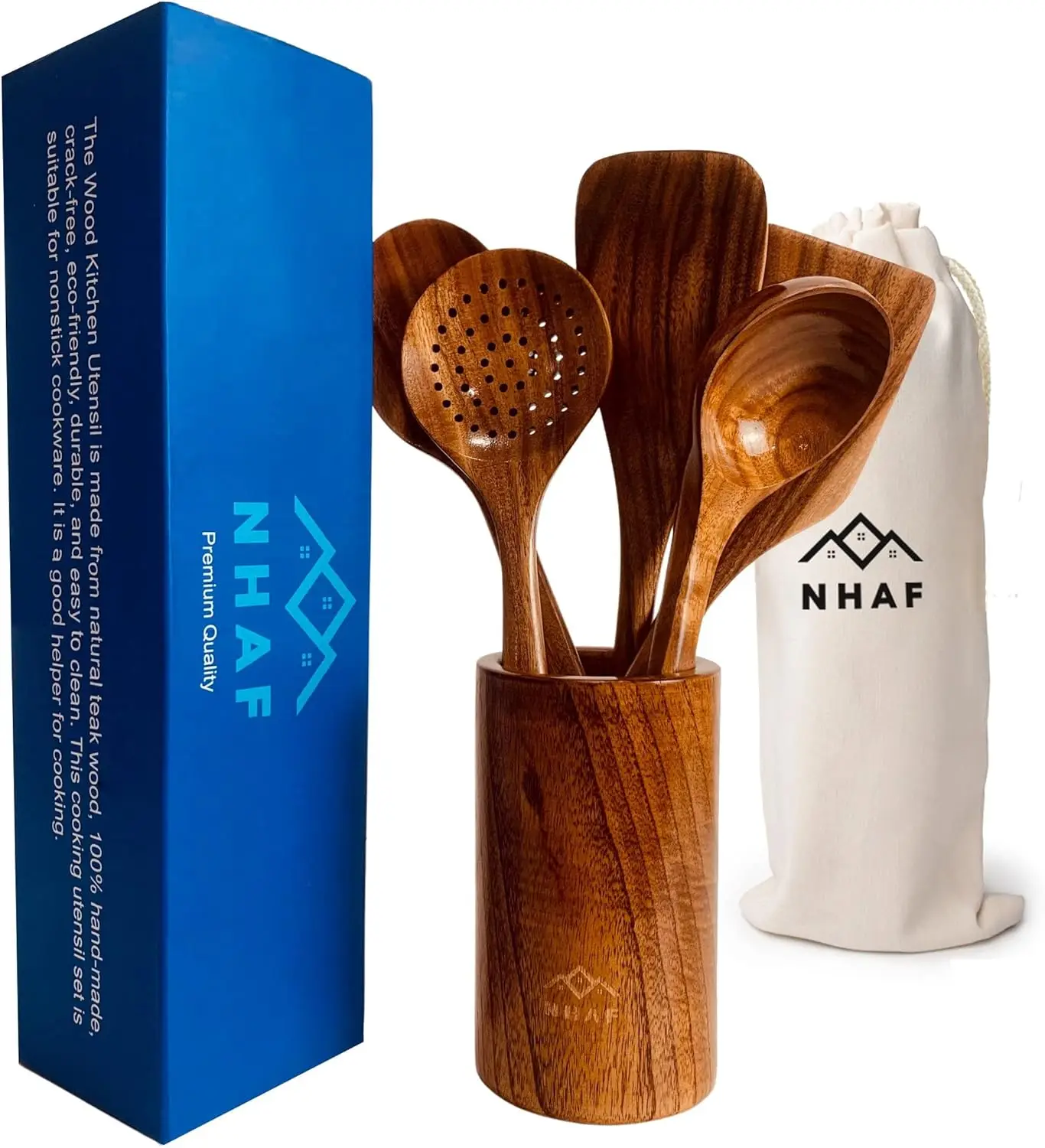 

Premium Teak Wooden Utensils Set with Holder & Bag, Durable Eco-Friendly Cooking Spoons and Spatula