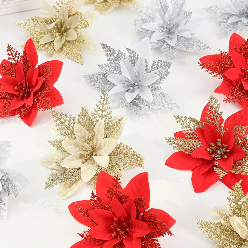 1pcs Artificial sequins, christmas flower heads, gold pink flowers, Christmas tree garlands, double layer cutouts, poinsettia