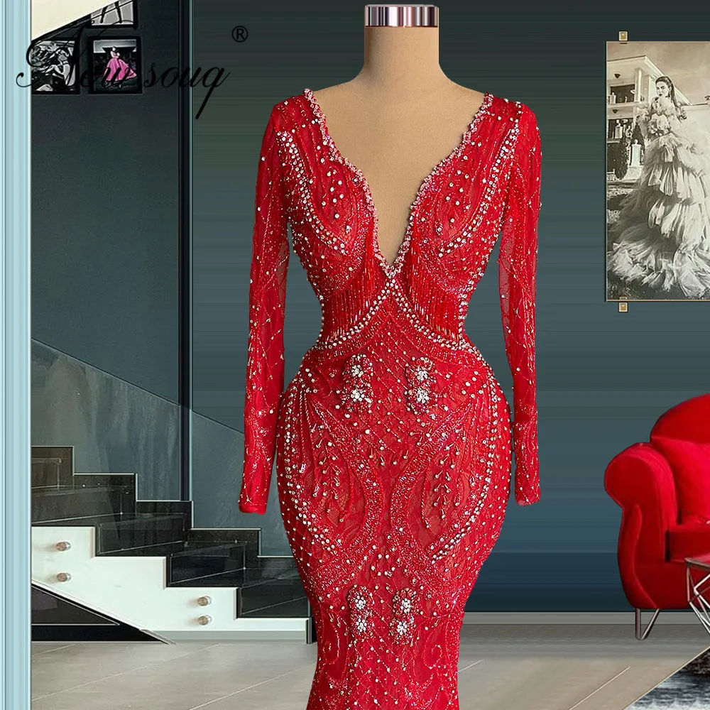 Newest 2022 Muslim Red Celebrity Dresses Handmade Beaded Cocktail Evening Wear Robe Femme Dubai Couture Party Prom Dress Evening