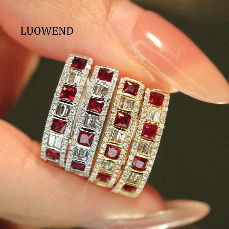 

LUOWEND 100% 18K White/Yellow Gold Earrings Vintage Style Shiny Diamond Natural Ruby Hoop Earrings for Women High Party Jewelry