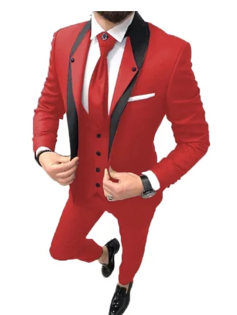 Pakaian pernikahan pria, 2024 Slim Fit satu kancing merah tuksedo pengantin pria pengiring pengantin pria 3 potong Prom pengantin pria (jaket + celana + rompi)