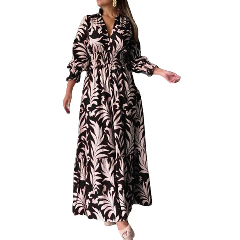 Waist Tight Pullover Bohemian Flower Printed Long Sleeve Autumn Winter New Long Dress Big Hem Dress Long Maxi