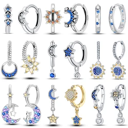 Classic Earrings 925 Silver Zircon Shiny Stars Moon Warm Sun Double Hoop Earrings For Women Original Birthday Party Jewelry Gift