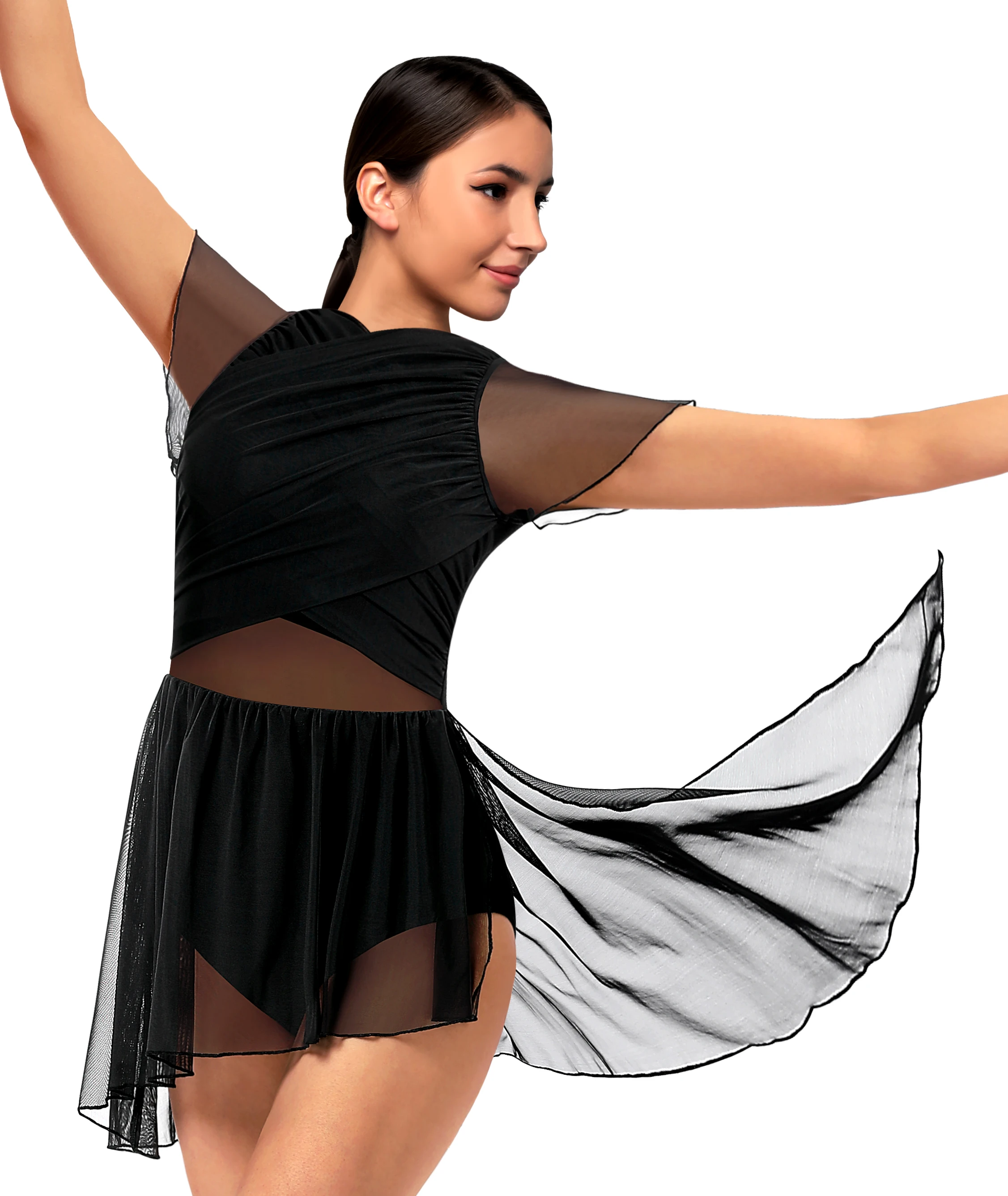 Women Dance Dress Flutter Sleeve Mesh Skirted Leotard Lyrical Costume, Water-drop Hollow Back