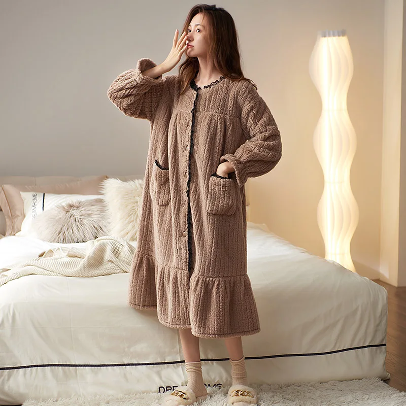 Winter Thick Flannel Nightgown Front Button Cardigan Robes Women's Sleepwear Sexy Lace Sleepshirts Female Home Bathrobe M-3XL