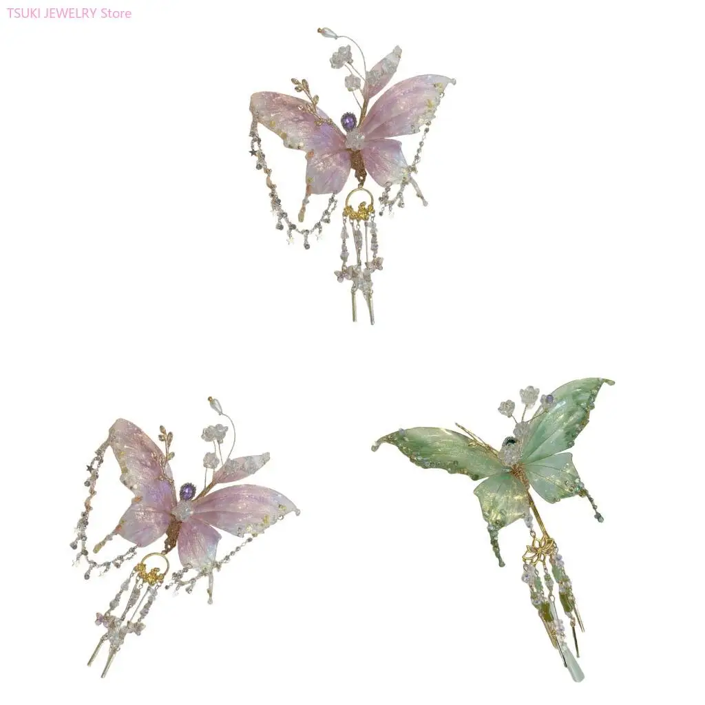 

62KE Dangling Butterfly Hair Clip Chinese Ancient Costume Hair Pin Bun Updos Hair Accessories For Women Cultural Event