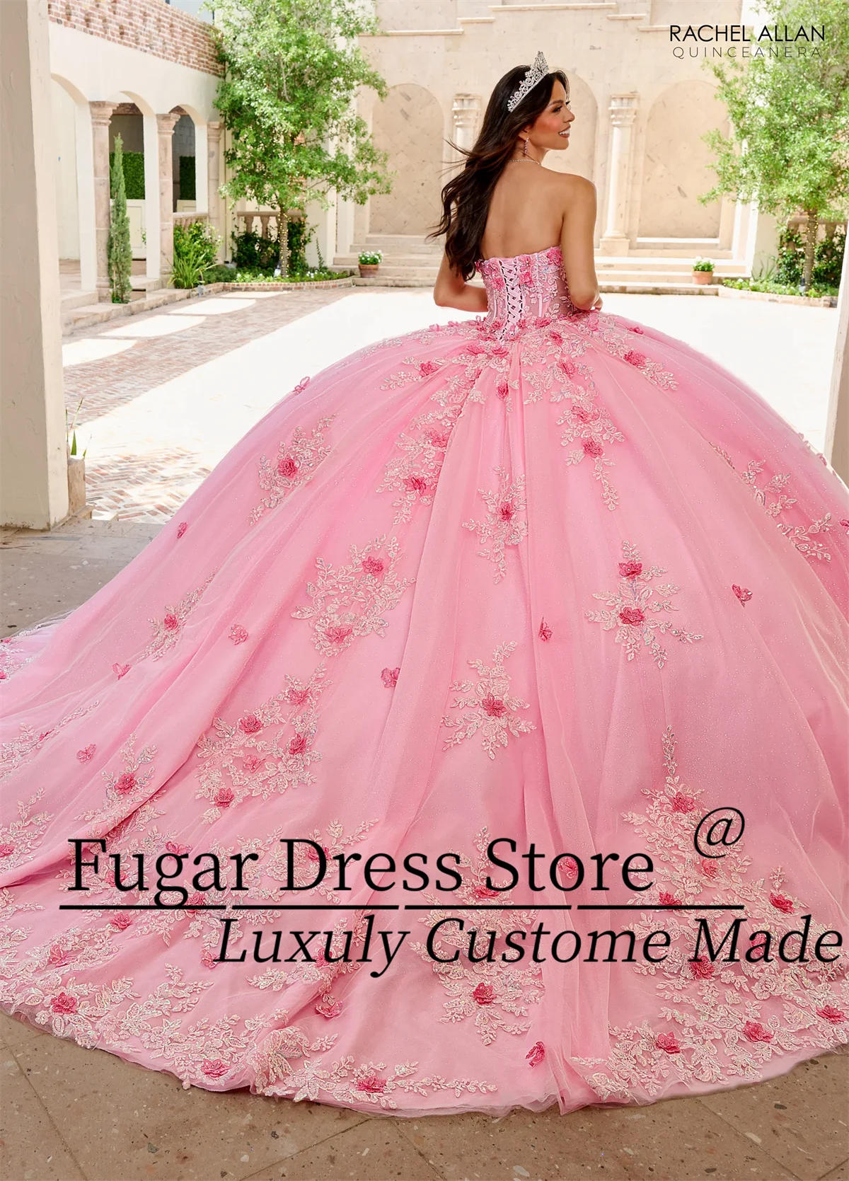 Robe de Quinceanera rose brodée, appliques sans bretelles, perles de châle, fleurs 3D exquises, fête d'anniversaire, 15e fille