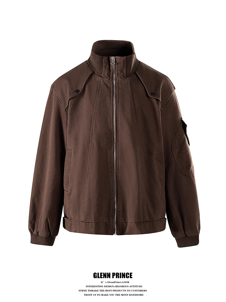 

Retro Deconstructed Patchwork Stand Collar Men's Workwear Jaet Autumn Season Zipper Coat Loose Fit Multi ket Iron Free