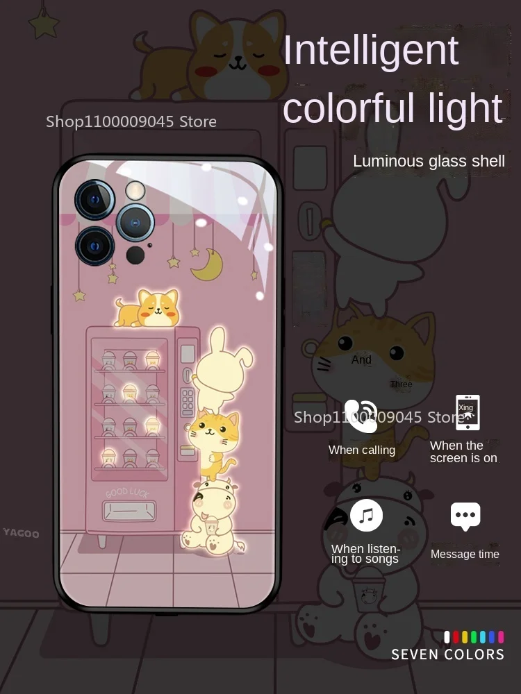 

Cute Animals LED Call Light Glass Phone Case For iPhone 15 14 13 12 11 Pro Max X XR XS 7 8 plus mini Smart Voice Luminous Cover