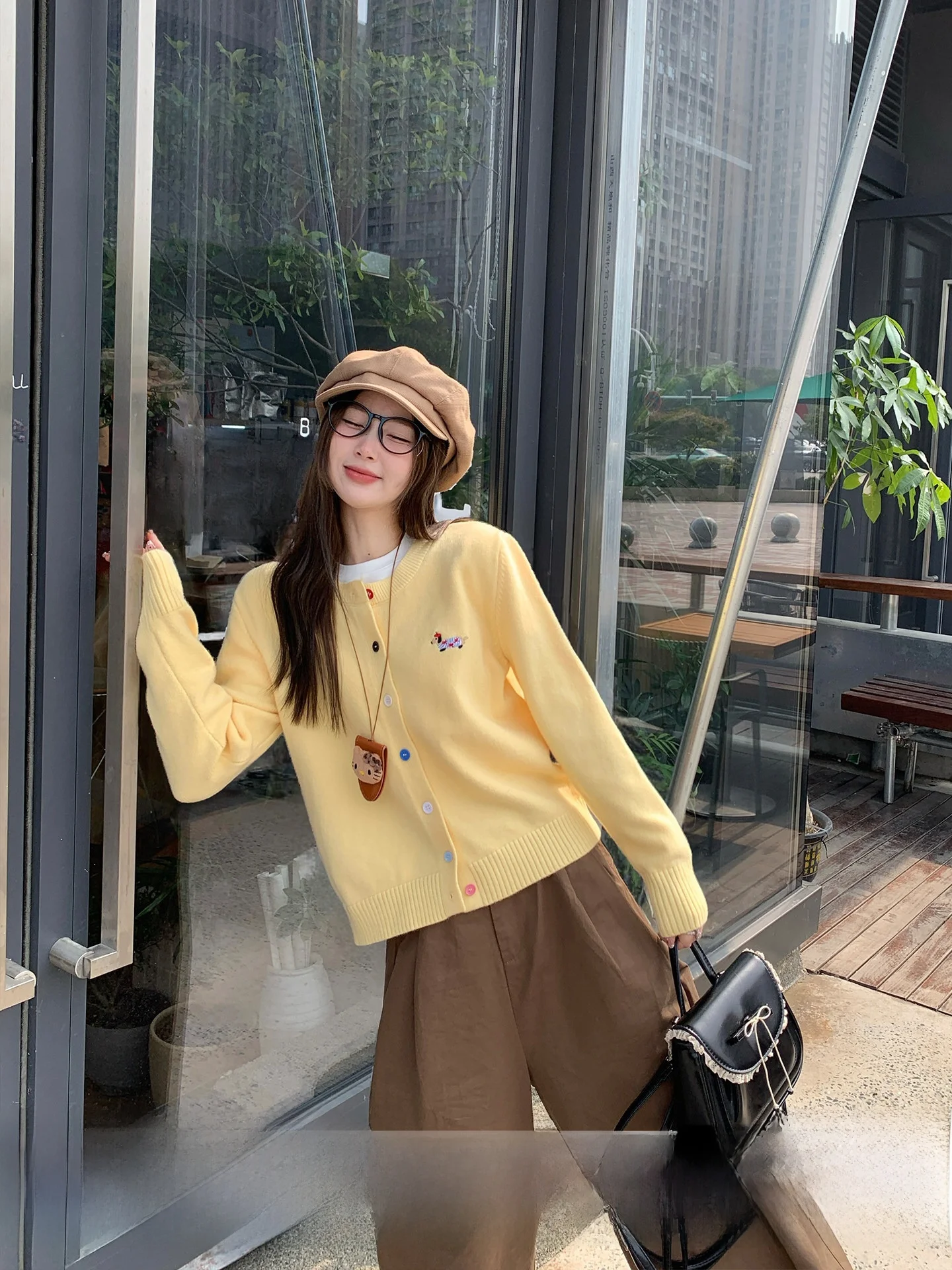 

Su San San Korean Sle Yellow Knitted Sweater Coat Women's Early Autumn Spring Casual Loose Fit Long Sve round Ne