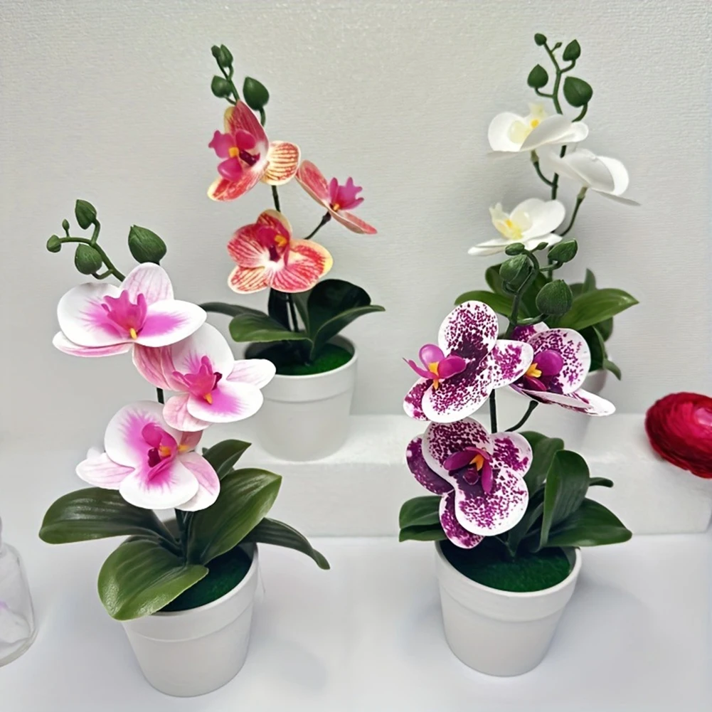 Phalaenopsis Orchid Bonsai Artificial Potted Plant for Indoor Table Desk Shelf Living Room Bedroom Office Decoration