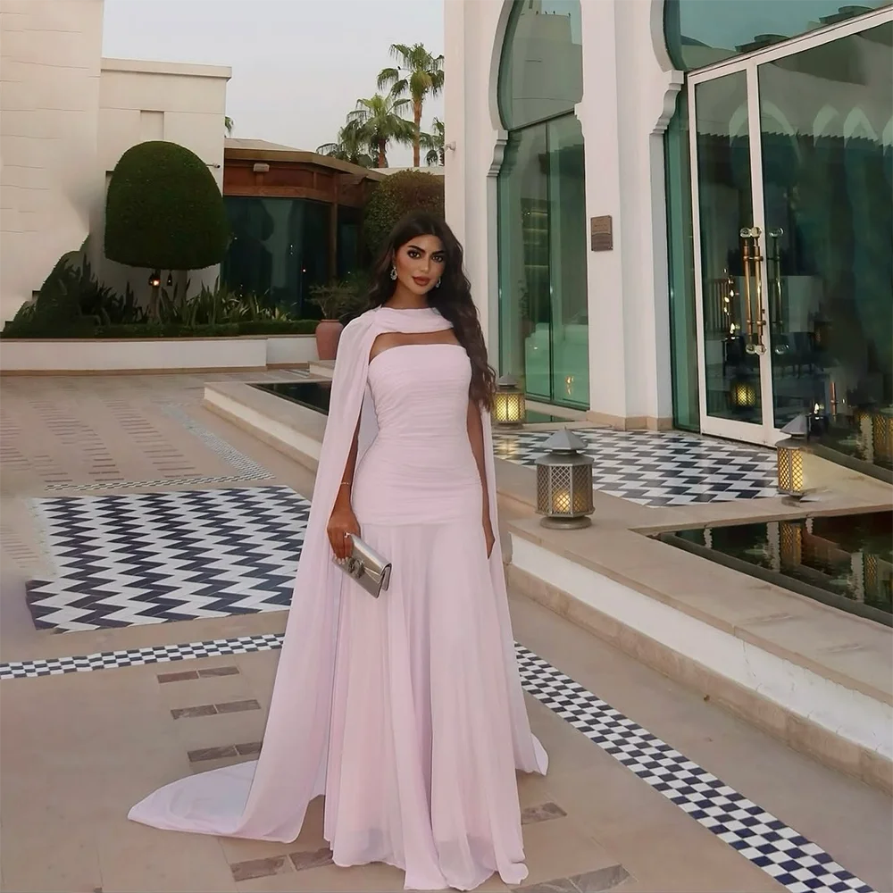 

Pink Strapless A Line Evening Dress Wtih Cloak Pleat Draped Chiffon Elegant Evening Gowns Saudi Arabian Formal Dress Customized