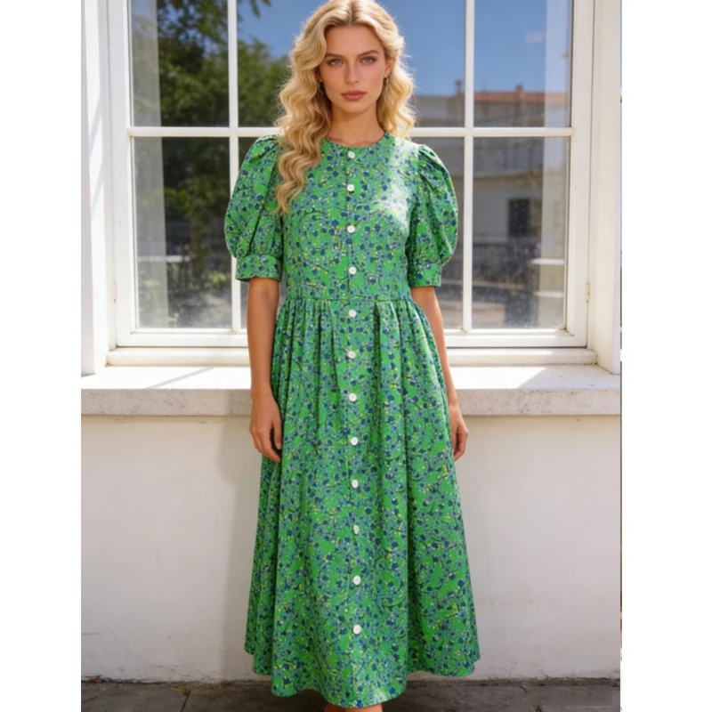 Summer Green Floral Print Short Sleeve Women Dress Fashion Casual Loose Elegant Puff Sleeve Long Dresses