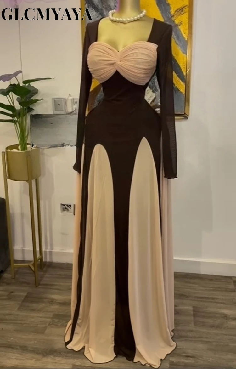 GLCMYAYA المرأة كم طويل ثنيات الجبهة ميدي ألف خط المرقعة ماكسي فستان طويل 2025 عطلة عطلة فساتين حفلة عيد ميلاد