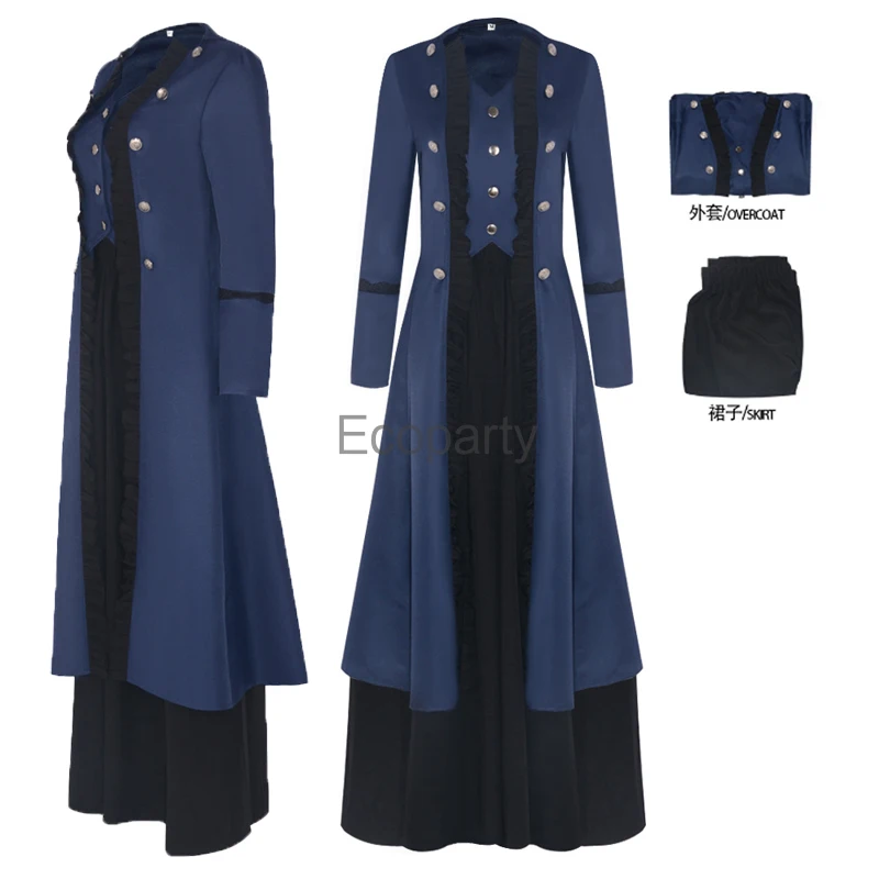 Women Medieval Vintage Gothic Costume Navy Lace Chain Lolita Long Jacket Elegant Ruffle Victorian Coat Ladies Halloween Costume