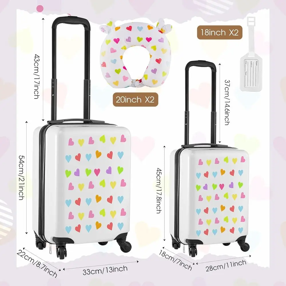 طقم أمتعة دوارة بيضاء للفتيات مكون من 3 قطع مع 18 و20 حافظة وتصميم قلب