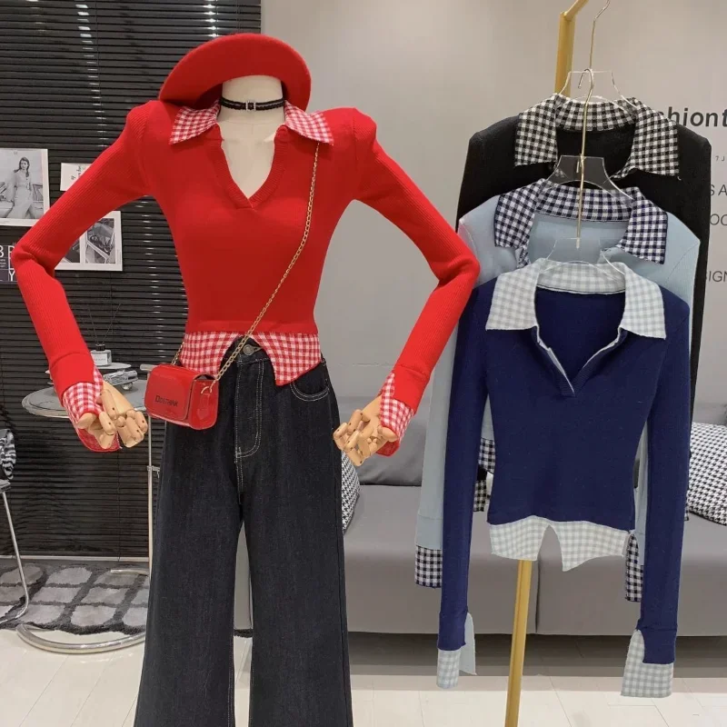 

Bottoming Shirt for Women Autumn and Winter Versatile Top Korean Fashion Casual Fake Two-piece Plaid V-neck
