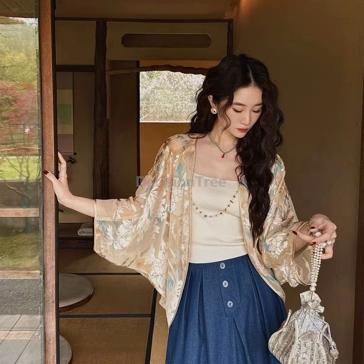New Chinese fashion women shirt summer retro printing sunscreen cardigan daily Elegant streewear Loose top