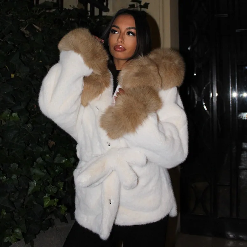 Patchwork Lapel Faux Fur Jackets with Belt Slim Furry Jacket Fluffy Warm Thick Luxury Elegant Faux Fox Stylish Short Plush Coats