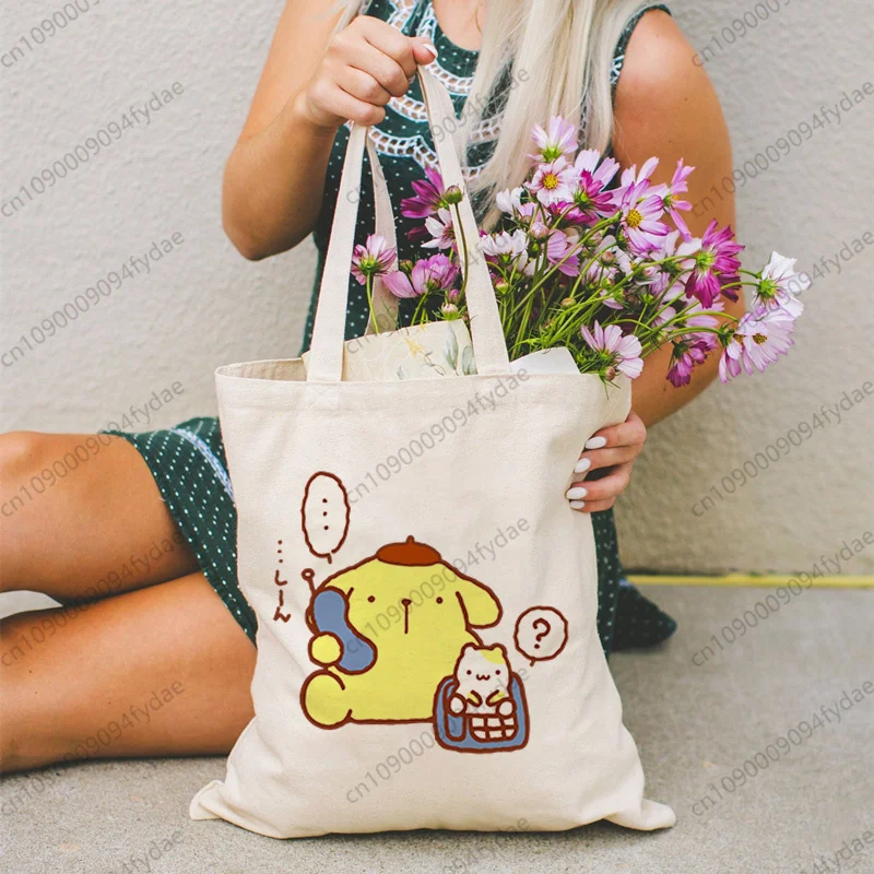 

Women Female Foldable Canvas Shoulder Bag Canvas Tote Eco Shopping Bag Canvas Tote Bag Casual Pom Pom Purin HandBag Daily Use