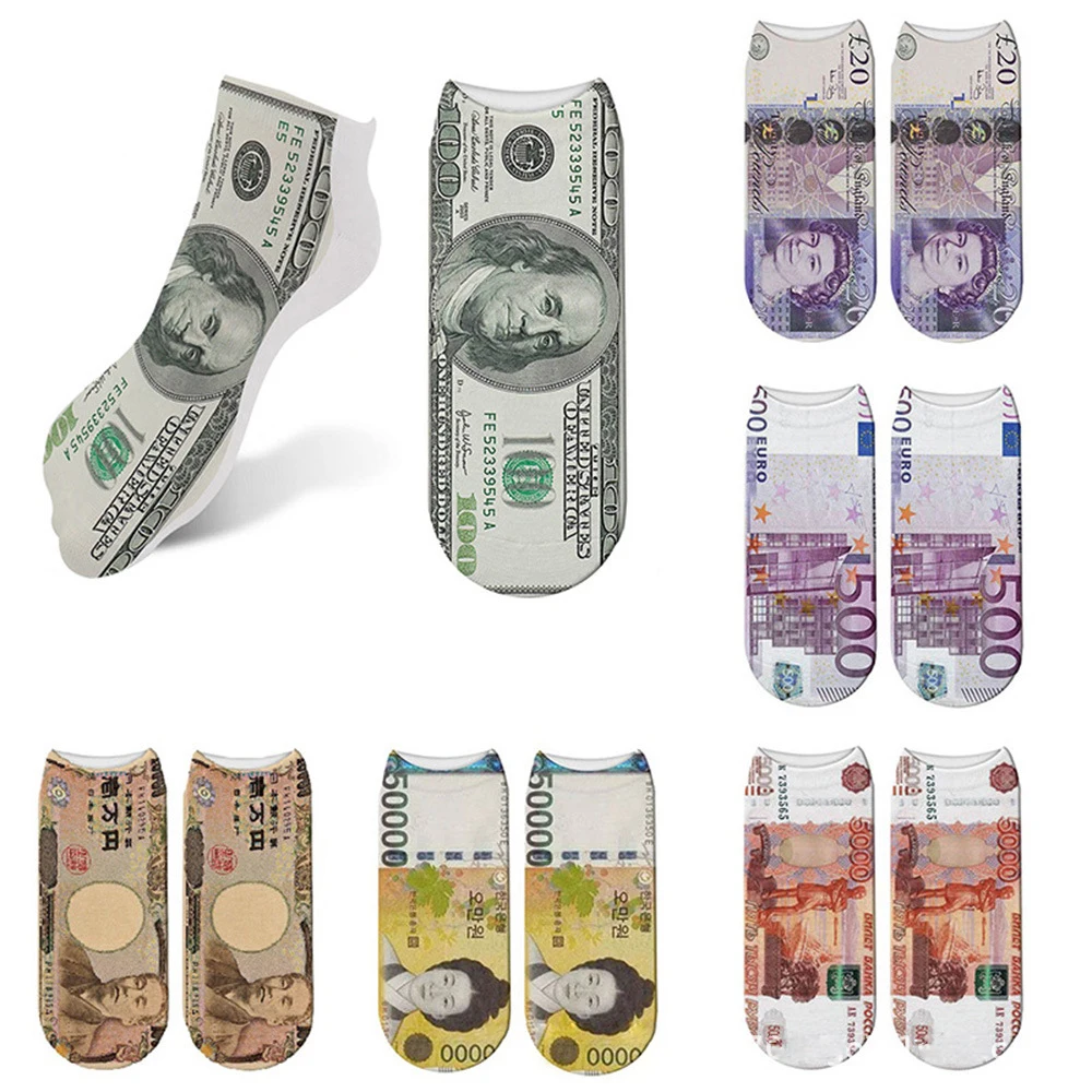 New Banknote Printed Socks Money Pattern Funny Short Socks For Adults Summer Invisible Socks 3D Printed UNISEX Short Socks