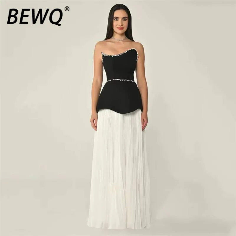 

BEWQ Skirt Pleated Loose Waist Women's Suit Tops Beading Fashion Set 2 Backless Strapless Pcs Evening Party 2026 Spring New