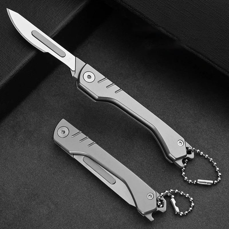 Stainless Steel Handle Folding Knife with 10pcs Replacement Blade Scalpel  Multifunctional Bottle Opener Package Cutter Keychain