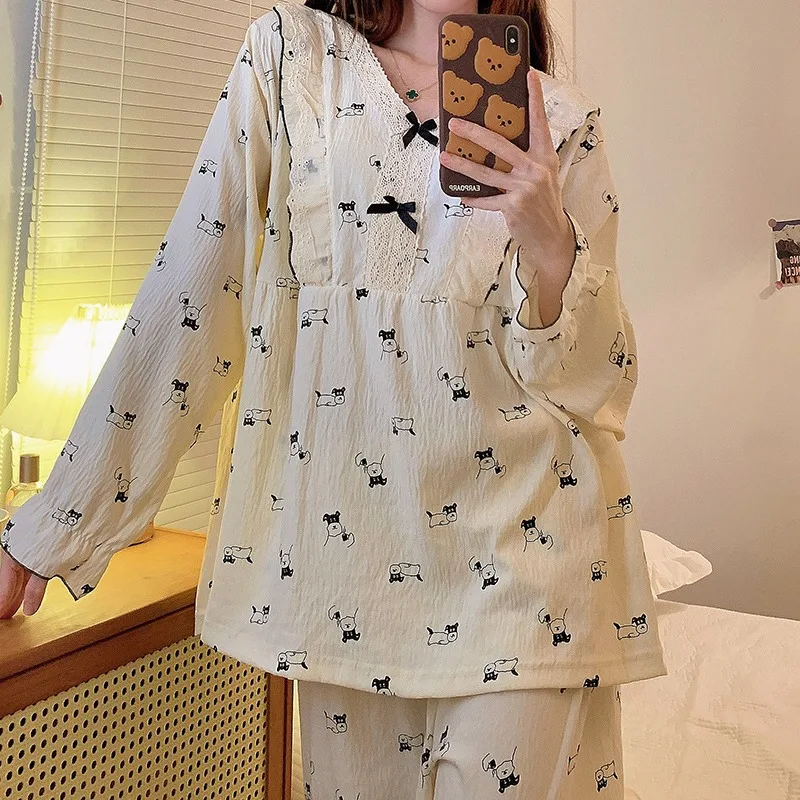 Spring and Autumn New Women\'s Japanese Pajamas Homewear Set Girls Students Cloud Cotton Long-Sleeved Plus Size Pajamas Homewear