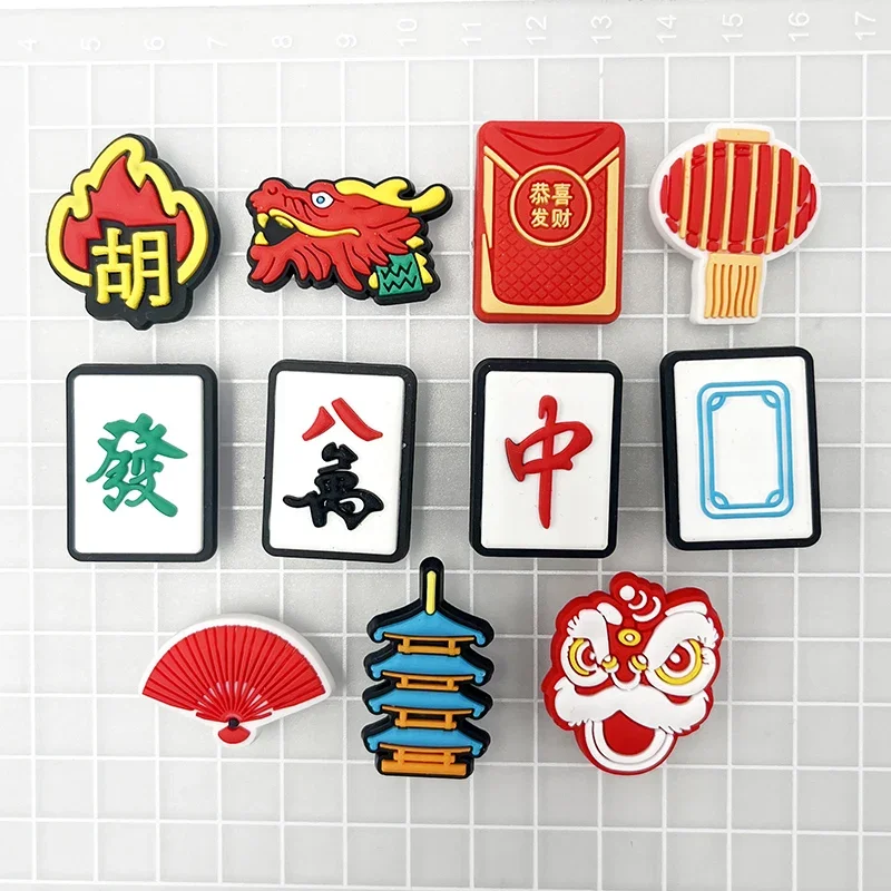 1Pcs Chinese Red Style PVC Shoe Charms Accessories Lion Dance Mahjong Shoes Upper Pins Decoration Sandals Buckle Kid Party Gift