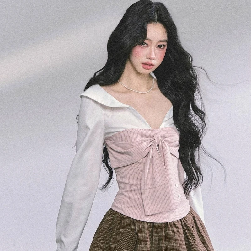 Deeptown Pink Striped Women Shirts Elegant Lace Up Long Sleeve Fake Two-piece Blouses Sweet Korean Fashion Slim Preppy Casual