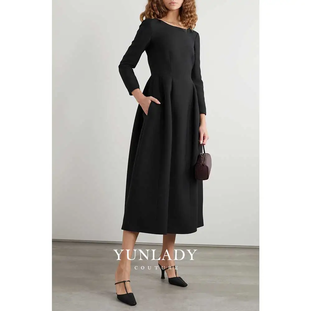 YUNLAN Gorgeous Black Dinner Long Sleeve A-Line Muslim Midi Evening Dress 2024 Saudi Ladies Wedding Special Occasion Guest Dress