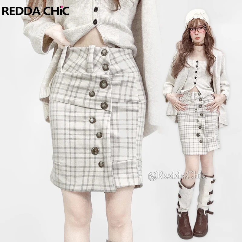 

REDDACHiC белая клетчатая длинная юбка до колена, винтажная модная облегающая твидовая юбка на пуговицах с низкой талией, школьная элегантная осенняя женская одежда