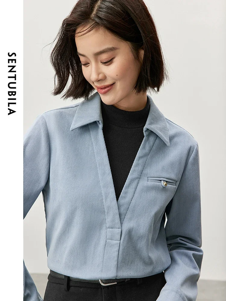 SENTUBILA Casual Spliced Straight Blouse for Women 2024 Autumn Winter Half High Collar Simple 2 in 1 Ladies Shirt 144C56949