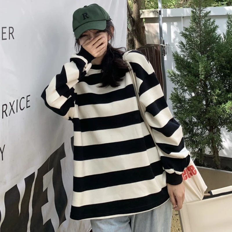 Striped O-neck Sweatshirts Women Baggy Panelled Fashion Harajuku Japanese Stylish High Street Students Y2K Clothes Sudaderas Ins