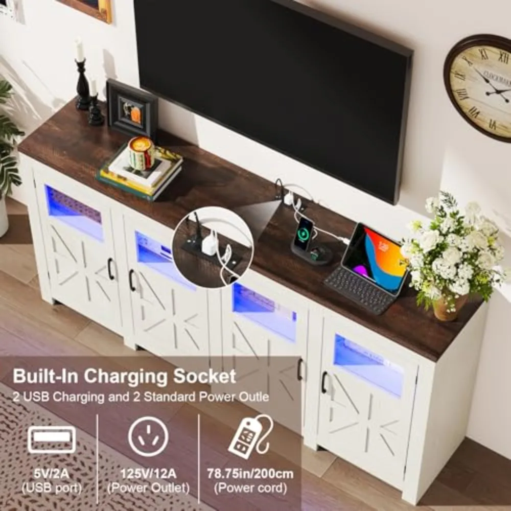 74" Large LED Farmhouse TV Stand for 80/75/70 Inch TVs with Power Outlets ,Tall Entertainment Center Storage view 4