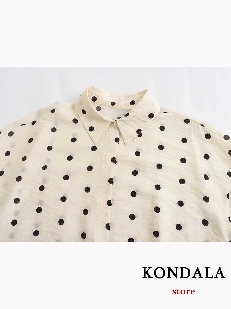 KONDALA Casual Vintage Beige Dot Women Shirts Single Breasted Long Sleeve Loose Blouse Fashion 2023 Autumn Elegant Shirts Tops