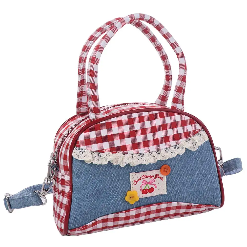 

Retro Lovely Lattice Bowling Bag Rural Style Bow Denim Plaid Handbag Leisure Commuting Sweet Crossbody Bag Outdoor