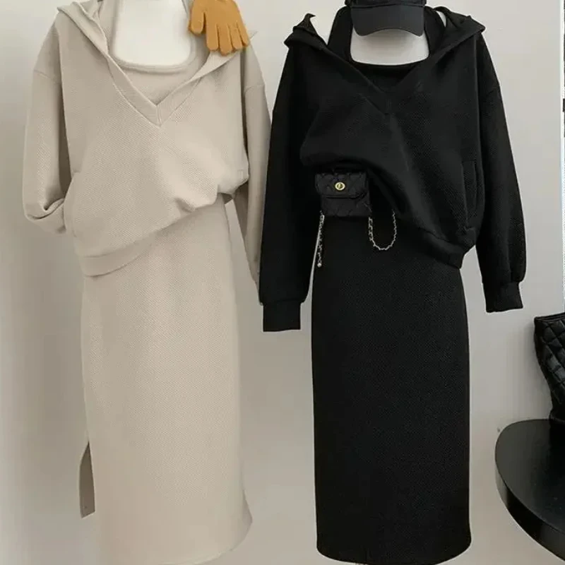 

Women Dress Sets Two Pieces Set Hooded Long Sleeve Neck Mounted Hoodies Solid Color Skirts Zipper Fly Casual Loose Autumn