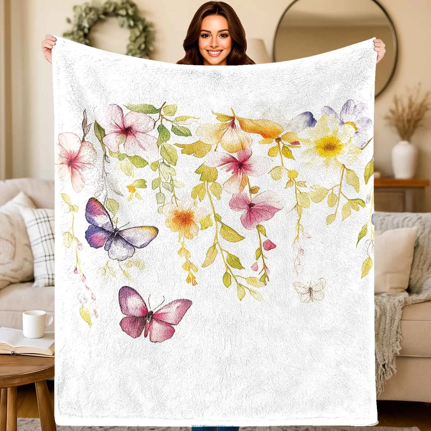 Botanical Wing Throw Blanket Blooming Branch Print Artistic Style For Apartment Dorm Room Decor Throw