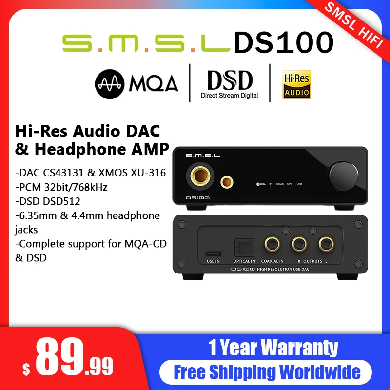 

SMSL DS100 High Resolution Audio Decoder USB MQA-CD XU316 Decktop DAC CS43131 32bit/768kHz DSD512 Coaxial Headphone Amplifier