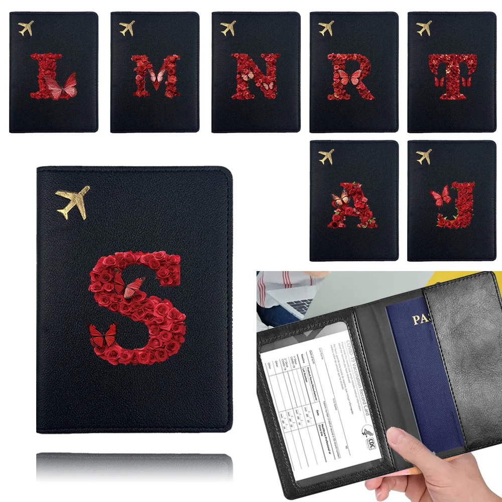 

Portable Pu Passport Cover Travel Passport Case Business Passport Clip Pocket Bank Card Organizer Cover Red Rose Letter Pattern